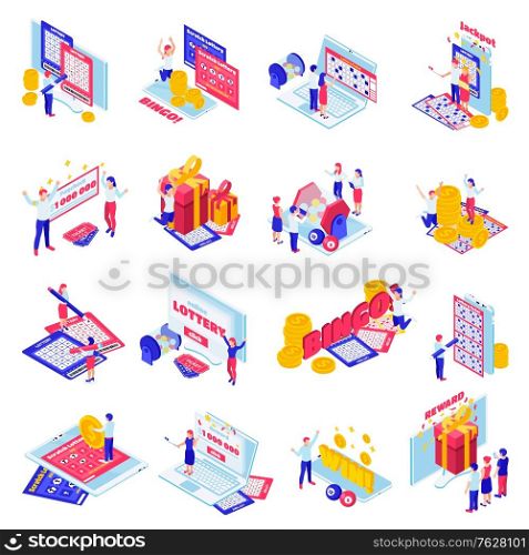 Lottery cards playing online draw results bingo jackpot prize winner celebration isometric icons set isolated vector illustration
