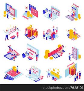 Lottery cards playing online draw results bingo jackpot prize winner celebration isometric icons set isolated vector illustration