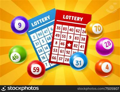 Lottery colored number balls and tickets. Background for gambling sport games.. Lottery colored number balls and tickets.