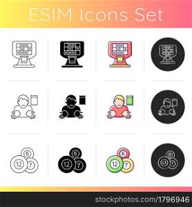 Lottery conduction icons set. Terminal based lottery game. Winning ticket loss. Vending machine. Producing random number combinations. Linear, black and RGB color styles. Isolated vector illustrations. Lottery conduction icons set