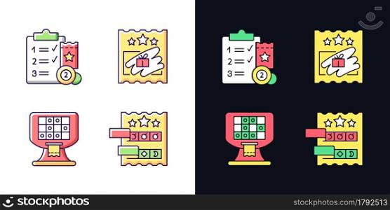 Lottery conduction light and dark theme RGB color icons set. Session program. Electronic gambling machine. Isolated vector illustrations on white and black space. Simple filled line drawings pack. Lottery conduction light and dark theme RGB color icons set