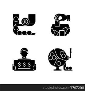 Lottery formats black glyph icons set on white space. Ball draw machine. Getting winning ticket. Raffle game. Million-dollar jackpot chance. Silhouette symbols. Vector isolated illustration. Lottery formats black glyph icons set on white space