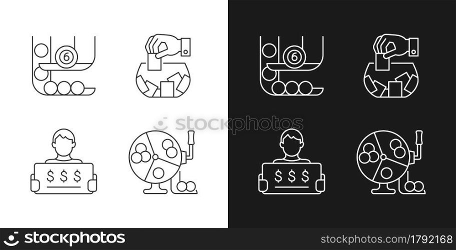 Lottery formats linear icons set for dark and light mode. Ball draw machine. Raffle game. Million-dollar jackpot. Customizable thin line symbols. Isolated vector outline illustrations. Editable stroke. Lottery formats linear icons set for dark and light mode