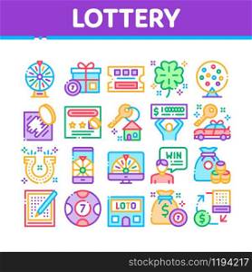 Lottery Gambling Game Collection Icons Set Vector Thin Line. Human Win Lottery And Hold Check, Car Key And Money Bag, Fortune Wheel And Loto Concept Linear Pictograms. Color Contour Illustrations. Lottery Gambling Game Collection Icons Set Vector