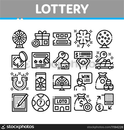 Lottery Gambling Game Collection Icons Set Vector Thin Line. Human Win Lottery And Hold Check, Car Key And Money Bag, Fortune Wheel And Loto Concept Linear Pictograms. Monochrome Contour Illustrations. Lottery Gambling Game Collection Icons Set Vector