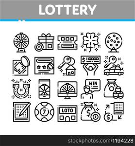 Lottery Gambling Game Collection Icons Set Vector Thin Line. Human Win Lottery And Hold Check, Car Key And Money Bag, Fortune Wheel And Loto Concept Linear Pictograms. Monochrome Contour Illustrations. Lottery Gambling Game Collection Icons Set Vector