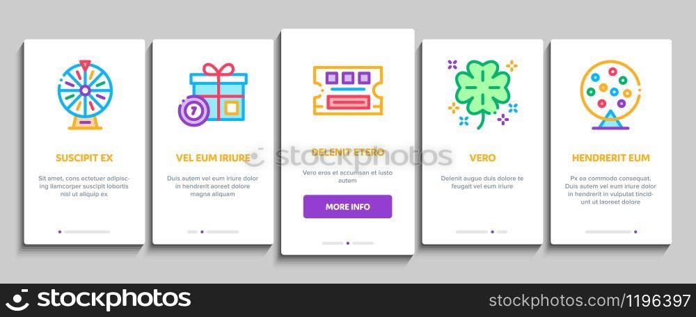 Lottery Gambling Game Onboarding Mobile App Page Screen Vector. Human Win Lottery And Hold Check, Car Key And Money Bag, Fortune Wheel And Loto Concept Linear Pictograms. Color Contour Illustrations. Lottery Gambling Game Onboarding Elements Icons Set Vector