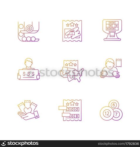 Lottery games types gradient linear vector icons set. Ball draw machine. Scratch cards. Multi-state lottery games. Thin line contour symbols bundle. Isolated vector outline illustrations collection. Lottery games types gradient linear vector icons set