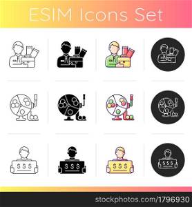 Lottery games types icons set. Ball draw machine. Lottery agent. Claim lotto prize. Drawing winning numbers. Prize ticket-holder. Linear, black and RGB color styles. Isolated vector illustrations. Lottery games types icons set