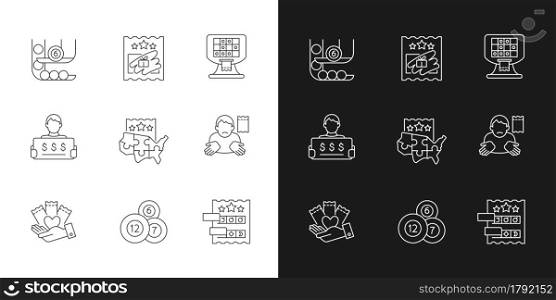 Lottery games types linear icons set for dark and light mode. Ball draw machine. Scratch cards. Multi-state game. Customizable thin line symbols. Isolated vector outline illustrations. Editable stroke. Lottery games types linear icons set for dark and light mode