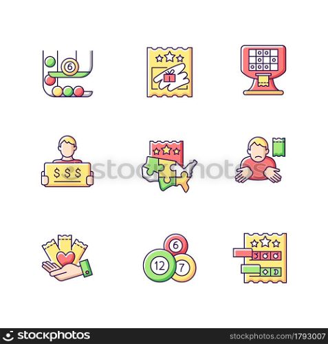 Lottery games types RGB color icons set. Ball draw machine. Scratch cards. Prize-winning ticket-holder. Multi-state lottery games. Isolated vector illustrations. Simple filled line drawings collection. Lottery games types RGB color icons set