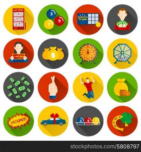 Lottery icon flat set with money and gambling symbols isolated vector illustration. Lottery Icon Flat