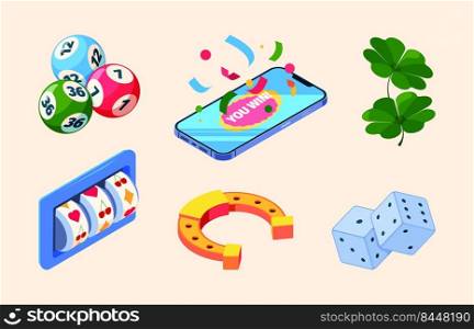 Lottery isometric. Big fortune prize chance win gaming slots bingo money lottery casino players garish vector set. Illustration of luck in lottery and fortune chance. Lottery isometric. Big fortune prize chance win gaming slots bingo money lottery casino players garish vector set