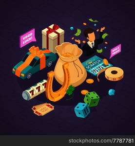 Lottery isometric concept with luck symbols on violet background vector illustration. Lottery Isometric Concept