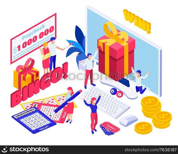 Lottery jackpot buying tickets online scratch cards draw results winner paycheck prize celebration isometric composition vector illustration