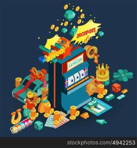 Lottery Jackpot Isometric Composition. Lottery and slot machine isometric composition with jackpot and bingo description and accessories for table games vector illustration