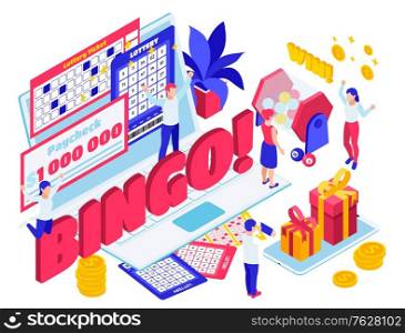 Lottery jackpot raffle ticket tumbler spinning draw results winner million paycheck prize celebration isometric composition vector illustration