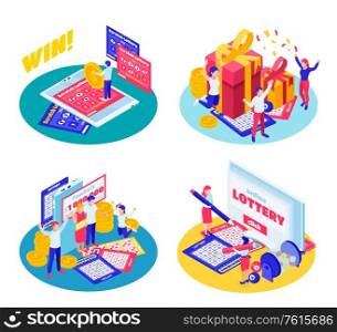 Lottery jackpot scratch cards tickets draw results winner grand prize celebration 4 circular isometric compositions vector illustration