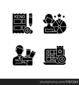 Lottery-like gambling games black glyph icons set on white space. Matching numbers on keno ticket. Game show. Lottery agent. Online gaming website. Silhouette symbols. Vector isolated illustration. Lottery-like gambling games black glyph icons set on white space