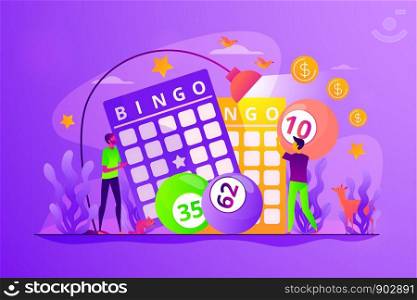 Lottery money game, lucky raffle ticket, bingo game and game of chance jackpot concept. Vector isolated concept illustration with tiny people and floral elements. Hero image for website.. Lottery game concept vector illustration.