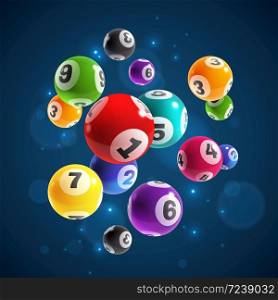 Lottery numbers. Flying realistic drawing lottery or billiard balls, lucky accidental win, instant jackpot internet gambling, lotto bingo vector concept on dark background. Lottery numbers. Flying realistic drawing lottery or billiard balls, lucky accidental win, instant jackpot internet gambling vector concept