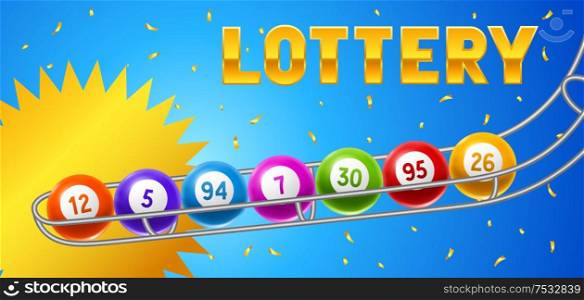 Lottery or bingo card with colored number balls. Background for gambling sport games.. Lottery or bingo card with colored number balls.