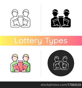 Lottery pool icon. Pooling ticket purchases. Joining lottery chances with others. Splitting prize winnings with participating friends. Linear black and RGB color styles. Isolated vector illustrations. Lottery pool icon