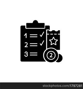 Lottery session program black glyph icon. Various prize levels. Lotto games. Online gambling. Progressive jackpot prizes. Daily draws. Silhouette symbol on white space. Vector isolated illustration. Lottery session program black glyph icon