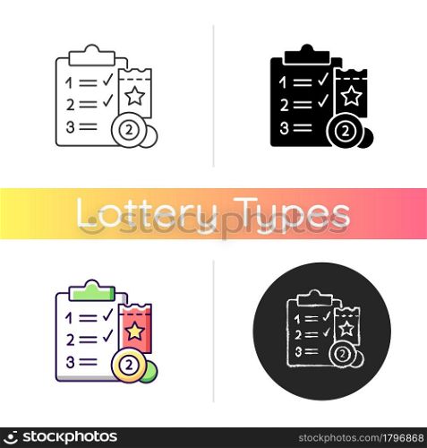 Lottery session program icon. Various prize levels. Lotto games. Online gambling. Progressive jackpot prizes. Daily draws. Linear black and RGB color styles. Isolated vector illustrations. Lottery session program icon