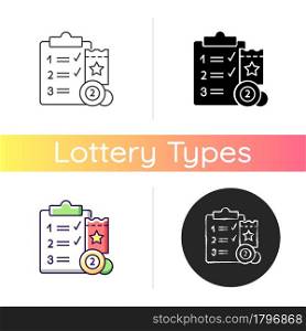 Lottery session program icon. Various prize levels. Lotto games. Online gambling. Progressive jackpot prizes. Daily draws. Linear black and RGB color styles. Isolated vector illustrations. Lottery session program icon