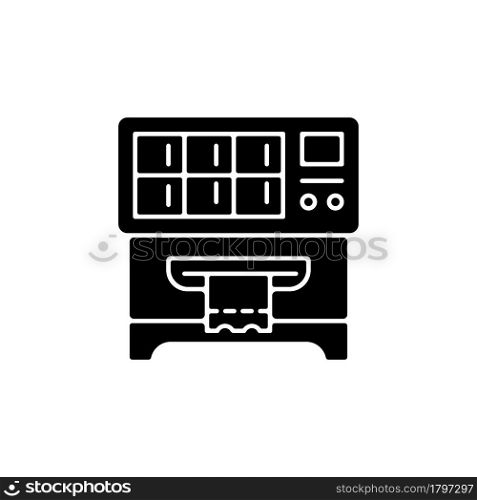 Lottery ticket vending machine black glyph icon. Dispensing lottery scratch-off tickets. Random outcome. Draw winning numbers. Silhouette symbol on white space. Vector isolated illustration. Lottery ticket vending machine black glyph icon