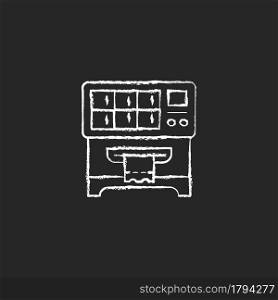 Lottery ticket vending machine chalk white icon on dark background. Dispensing lottery scratch-off tickets. Random outcome. Draw winning numbers. Isolated vector chalkboard illustration on black. Lottery ticket vending machine chalk white icon on dark background