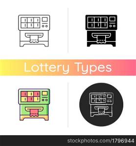 Lottery ticket vending machine icon. Dispensing lottery scratch-off tickets. Self-service mode. Random outcome. Draw winning numbers. Linear black and RGB color styles. Isolated vector illustrations. Lottery ticket vending machine icon