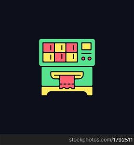 Lottery ticket vending machine RGB color icon for dark theme. Dispensing lottery scratch-off ticket. Isolated vector illustration on night mode background. Simple filled line drawing on black. Lottery ticket vending machine RGB color icon for dark theme