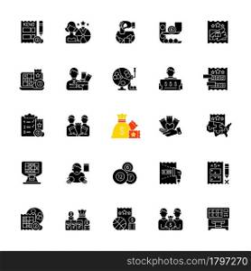 Lottery types black glyph icons set on white space. Gambling games. Winning jackpot. Scratch cards. Receive cash prizes. Random number generation. Silhouette symbols. Vector isolated illustration. Lottery types black glyph icons set on white space