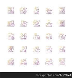 Lottery types gradient linear vector icons set. Gambling games. Winning jackpot. Scratch cards. Receive cash prizes. Thin line contour symbols bundle. Isolated vector outline illustrations collection. Lottery types gradient linear vector icons set