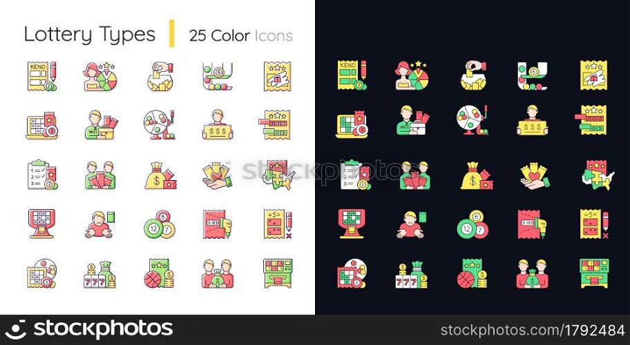 Lottery types light and dark theme RGB color icons set. Gambling games. Winning jackpot. Receive cash prizes. Isolated vector illustrations on white and black space. Simple filled line drawings pack. Lottery types light and dark theme RGB color icons set