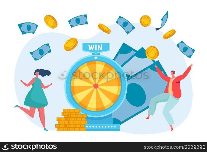 Lottery winner people. Male and female characters spinning wheel and getting prize. Man and woman winning jackpot, risking and getting money. Players successfully rotating machine vector. Lottery winner people. Male and female characters spinning wheel and getting prize. Man and woman winning jackpot