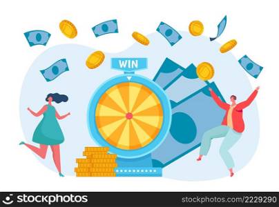 Lottery winner people. Male and female characters spinning wheel and getting prize. Man and woman winning jackpot, risking and getting money. Players successfully rotating machine vector. Lottery winner people. Male and female characters spinning wheel and getting prize. Man and woman winning jackpot