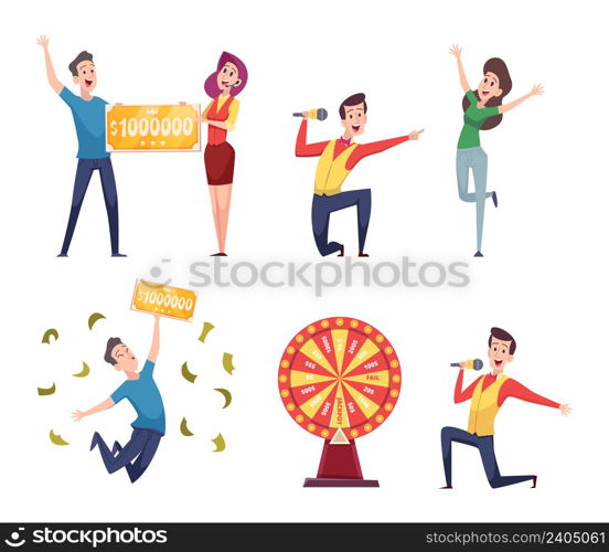 Lottery winners. Happy people won money prize ticket casino contest exact vector funny characters. Winner of lottery, success and happy illustration. Lottery winners. Happy people won money prize ticket casino contest exact vector funny characters