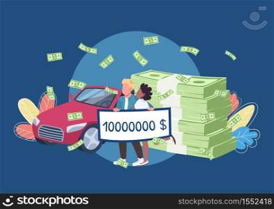 Lottery winners holding big money check flat concept vector illustration. Happy millionaires couple with pile of money and car 2D cartoon characters for web design. Victory and fortune creative idea. Lottery winners holding big money check flat concept vector illustration