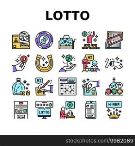 Lotto Gamble Game Collection Icons Set Vector. Lotto Ticket And Ball, Winner Winning Prize And Money, Clover And Rabbit Paw, Fortune And Lucky Concept Linear Pictograms. Contour Color Illustrations. Lotto Gamble Game Collection Icons Set Vector