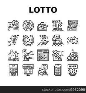 Lotto Gamble Game Collection Icons Set Vector. Lotto Ticket And Ball, Winner Winning Prize And Money, Clover And Rabbit Paw, Fortune And Lucky Black Contour Illustrations. Lotto Gamble Game Collection Icons Set Vector