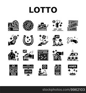 Lotto Gamble Game Collection Icons Set Vector. Lotto Ticket And Ball, Winner Winning Prize And Money, Clover And Rabbit Paw, Fortune And Lucky Glyph Pictograms Black Illustrations. Lotto Gamble Game Collection Icons Set Vector