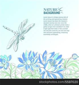 Lotus flower and dragonfly over blue background.