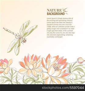 Lotus flower and dragonfly over color background.