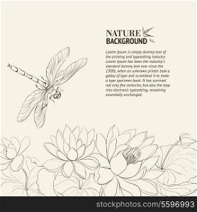 Lotus flower and dragonfly over gray background.