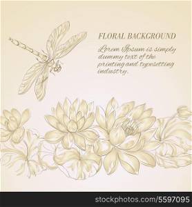 Lotus flower and dragonfly over gray background.