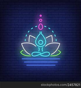 Lotus flower and figure meditating neon sign. Meditation, spirituality, yoga design. Night bright neon sign, colorful billboard, light banner. Vector illustration in neon style.