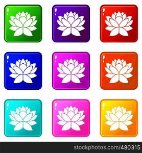 Lotus flower icons of 9 color set isolated vector illustration. Lotus flower set 9